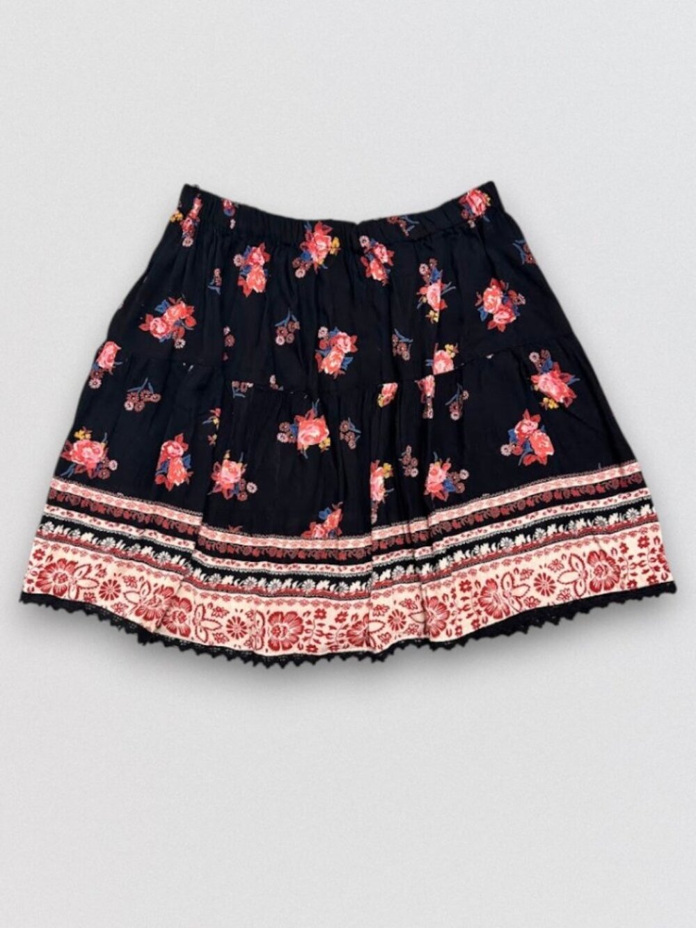 Floral Boho Tiered Mini Skirt Black Pink Border Print Rayon Women's Large
